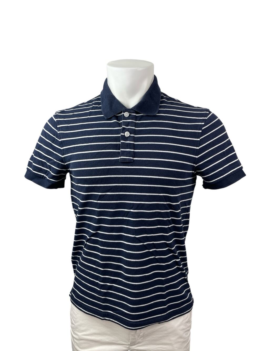 J.Crew Flex Pique Mens Navy Blue Striped Short Sleeve Golf Polo Shirt Top Size S